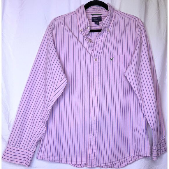 American Eagle Pink‎ Blue Striped Button Down Oxford Shirt Casual Business M - Picture 1 of 10